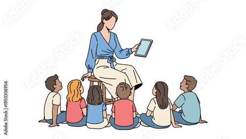 Digital Learning: An instructor and a group of students study in an illustrated class with technology and device. 