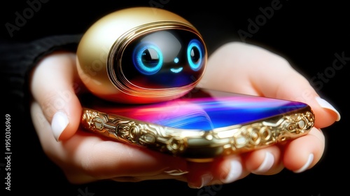 Innovative robot companion assists users with smart devices technology hub digital interaction modern environment close-up view