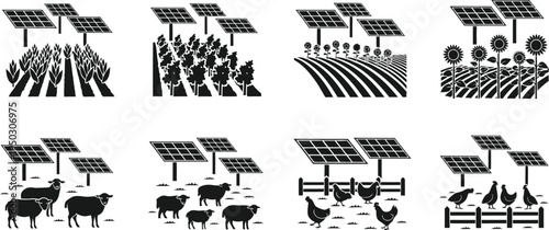 Solar panels on various agricultural landscapes and farm settings