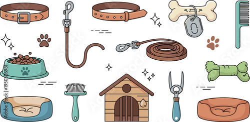 Dog Accessories and Pet Care Icon Set with Collar Leash Bed and Food Bowl