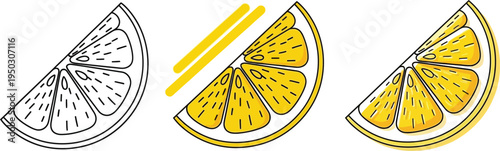 Three stylized lemon slice illustrations showing a black and white outline and yellow color fill