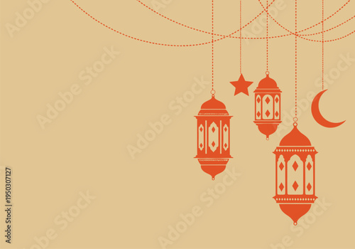 A festive ramadan kareem background featuring hanging lanterns and crescent moon for celebrations