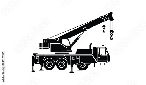 A heavy duty mobile construction crane vehicle with an extendable boom arm and stabilizing jacks
