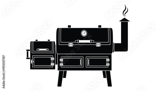 A black silhouette illustration of a professional offset smoker grill with a chimney and gauge