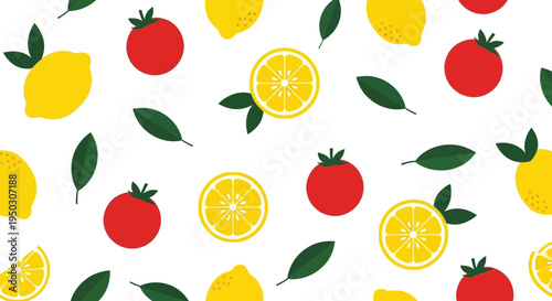 A vibrant seamless pattern featuring scattered fresh lemons and ripe red tomatoes on white background