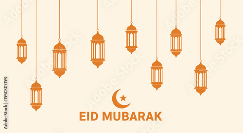 A festive eid mubarak background featuring multiple hanging orange lantern illustrations and symbols