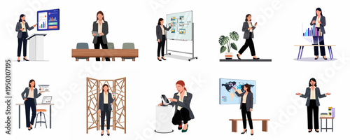 Professional businesswoman in various office scenarios including presentations, data analysis, and using technology, flat vector illustration set.