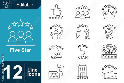 Five star icon set. Customer rating system, quality review, satisfaction feedback, premium service badge, user evaluation concept, reputation ranking, product rating stars and more. Line vector icons 