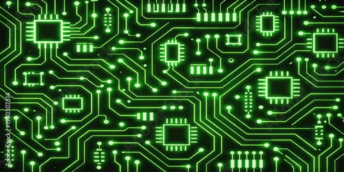 A seamless green electronic circuit board pattern features a digital microchip design and processor hardware texture, creating a high-tech engineering illustration for a computer motherboard wallpaper