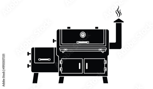 Black silhouette icon of a classic offset smoker grill with a chimney emitting wisps of smoke