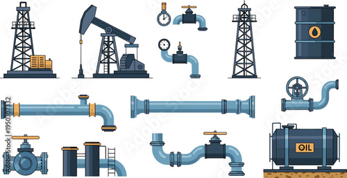 Oil Drilling Rig and Pipeline Equipment Icon Set with Petroleum Industry Symbols