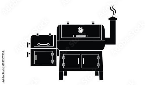 A traditional offset smoker grill with a chimney stack and temperature gauge for outdoor cooking
