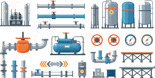 Industrial Pipeline and Gas Storage Equipment Icon Set with Valves Tanks Gauges