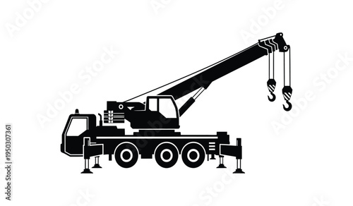 Black silhouette of a heavy duty mobile crane truck with an extended telescopic lifting boom arm
