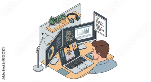 An individual is diligently working from a modern home office setup, engaged in coding and participating in a virtual meeting on a laptop with multiple screens.