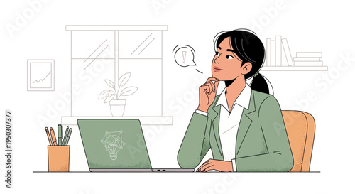A thoughtful young Asian businesswoman contemplating new ideas while working remotely on her laptop in a modern, minimalist home office.