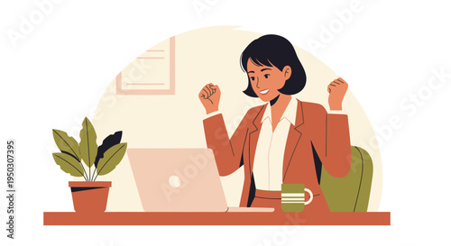A jubilant businesswoman celebrates a significant professional achievement while working remotely at her desk, feeling empowered and successful.