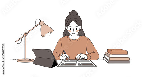 A focused young woman diligently studies, writing notes on a document at a desk, blending digital tablet use with traditional books for effective learning.