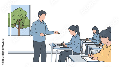 Classroom Insight: A classroom scene unfolds, a dedicated educator passionately engaging with students as they focus on their studies. It's a picture of education in action.