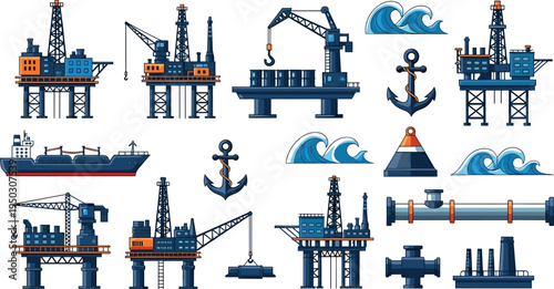 Offshore Oil Platform and Marine Industry Icon Set with Rig Ship Anchor Symbols