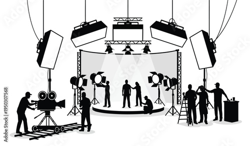 A detailed silhouette of a professional film production crew working on a busy television studio set