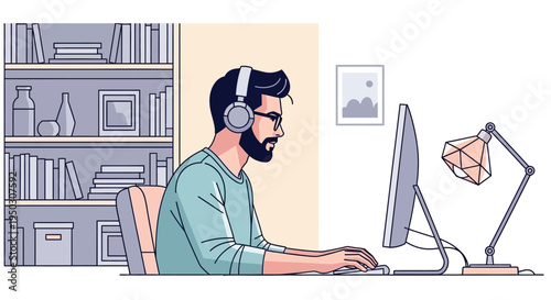 Man Working at Computer with Headphones in Home Office Illustration