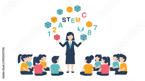 STEM Education Vision: An inspiring educator leads a group of students in a STEM class, fostering curiosity, and guiding them through the worlds of science, technology, engineering, and mathematics.