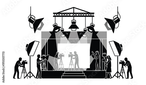 Professional film production crew recording a scene on a studio stage with lighting equipment setup