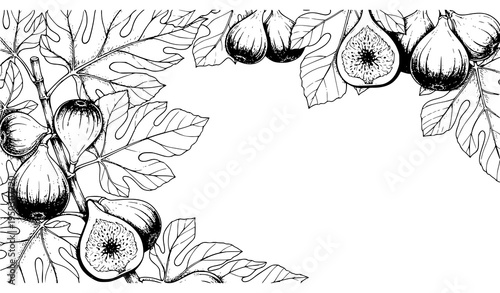 A black and white illustration of figs and leaves in a decorative border
