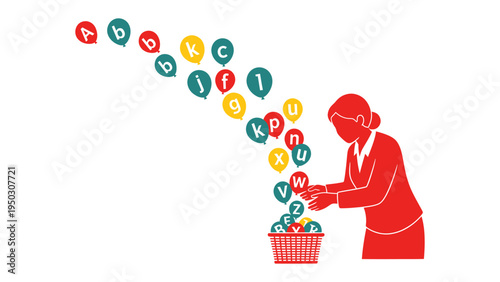 Alphabetical Arrangement: A silhouette figure meticulously organizes a cascade of colorful letter balloons into a basket, symbolizing structure and literacy. 