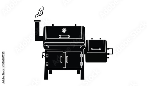 A black and white silhouette graphic of an offset smoker barbecue grill with a smoking chimney