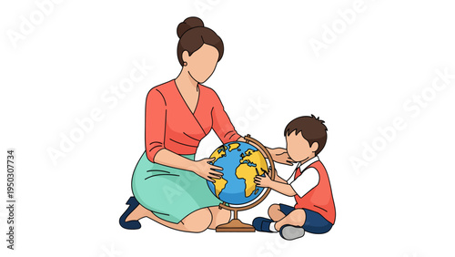 Knowledge Globe: A teacher guides a child through the wonders of geography, exploring a detailed globe and igniting a passion for learning and discovery. 