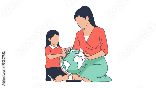 Journey of Discovery: A mother and daughter share a moment of exploration as they connect with the world through a globe, embodying the spirit of learning and the bond of family.