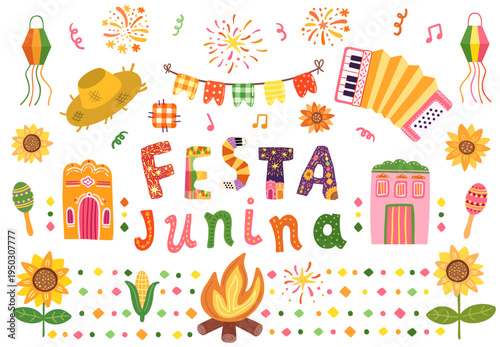 Cute Festa Junina vector set with graphics - accordion, corn, text, fire, straw hat for banners, posters