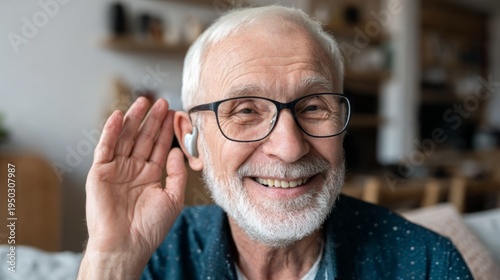 Senior man wearing hearing aid in ear. Happy elderly person holding hand to ear to listen better. Modern device for health care and disability. Communication support for older adult human.