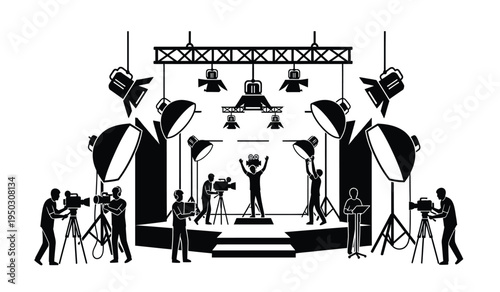 A professional television or film production studio set with a camera crew and lighting equipment