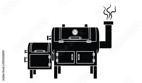A black silhouette of a horizontal offset smoker grill with a chimney emitting wisps of smoke