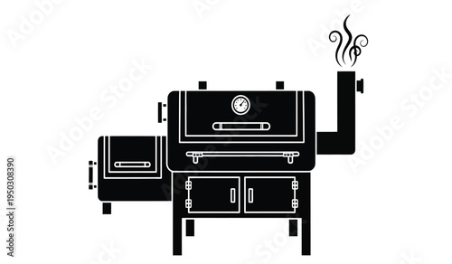 A black and white vector illustration of a professional offset smoker grill for barbecue cooking