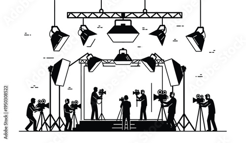 A professional television studio production scene with multiple camera operators and lighting rigs