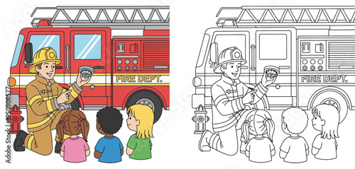 Firefighter Educating Children about Fire Safety with Smoke Detector and Fire Truck