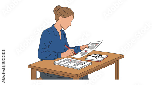 Focused Review: A woman reviews documents at a desk, concentrating on the details of paperwork. It portrays a scene of focused work and attention to detail.