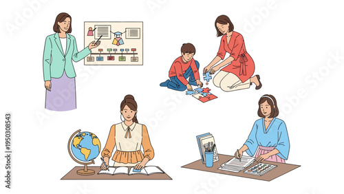 Scenes of Knowledge: A collection of illustrations captures moments of learning and education, featuring teachers and students engaged in a variety of educational activities.