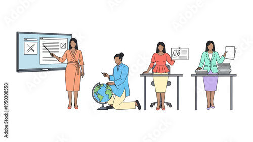 Teaching Profession: Depicting a series of women in diverse teaching roles, with a focus on education and knowledge. Emphasizing the teacher role and the various facets of instruction.