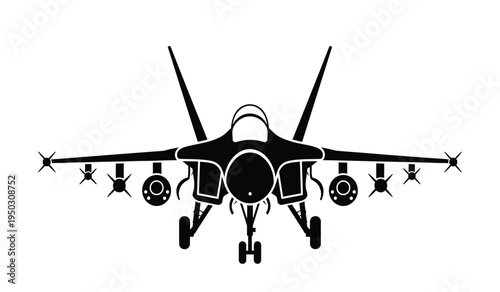 Front view silhouette of a modern military fighter jet equipped with missiles for air combat duty