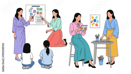 Women at Work in Creative Roles: Depicting a series of women in diverse creative roles, from teaching and presenting to sketching, and pottery, embodying innovation and artistic expression.