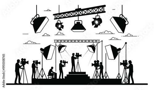Black and white silhouette illustration of a professional film production studio set with crew