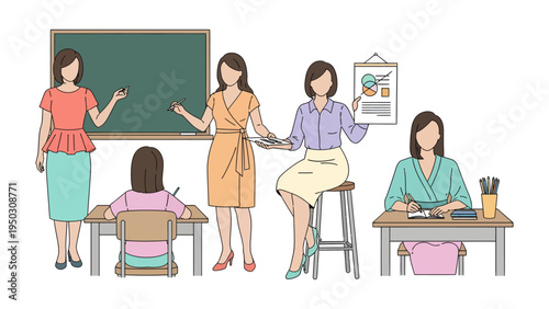 Classroom Educator: Educators and students in an illustrative classroom scene, full of educational activities and engaging learning experiences.