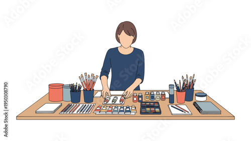 Artistic Workspace: An artist, surrounded by various art supplies, concentrates on the creative process.
