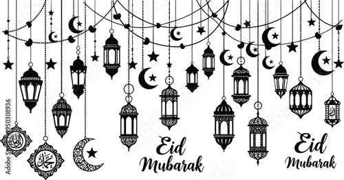 Eid mubarak vector with hanging lanterns moon stars illustration