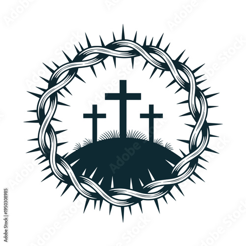 A symbolic illustration of three crosses surrounded by barbed wire